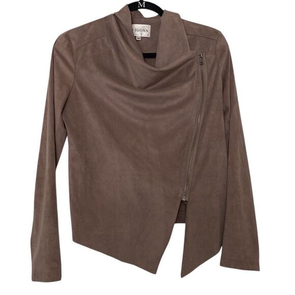 EUC! Vigoss Taupe Brown Faux Suede Drape Front Moto Jacket Size XS - Picture 1 of 9